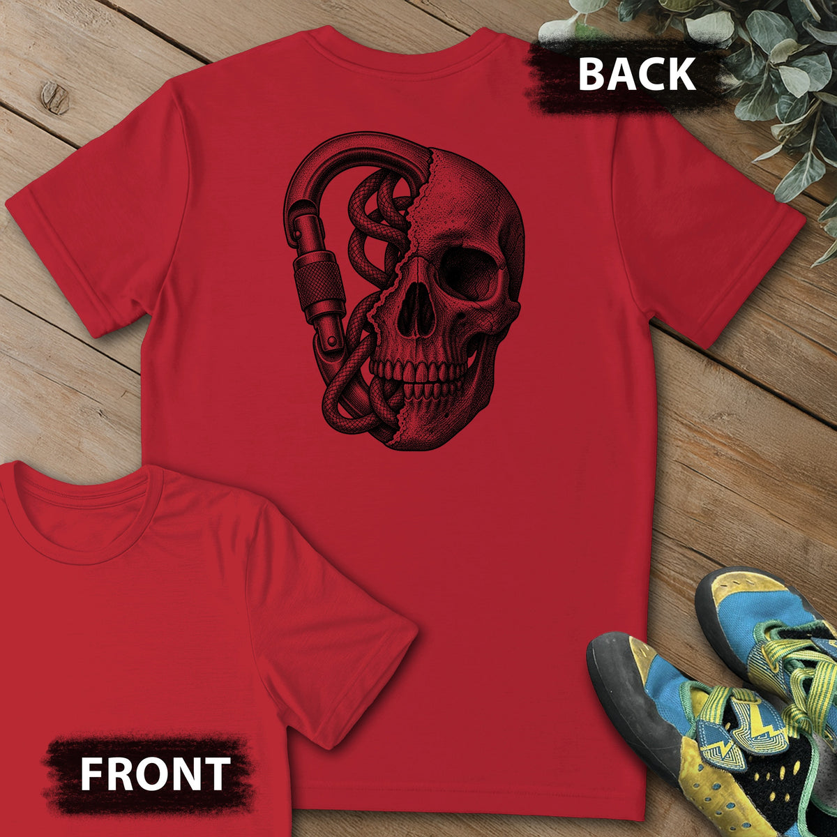 Climbing On My Mind Backprint Tee in Red — flat lay mockup