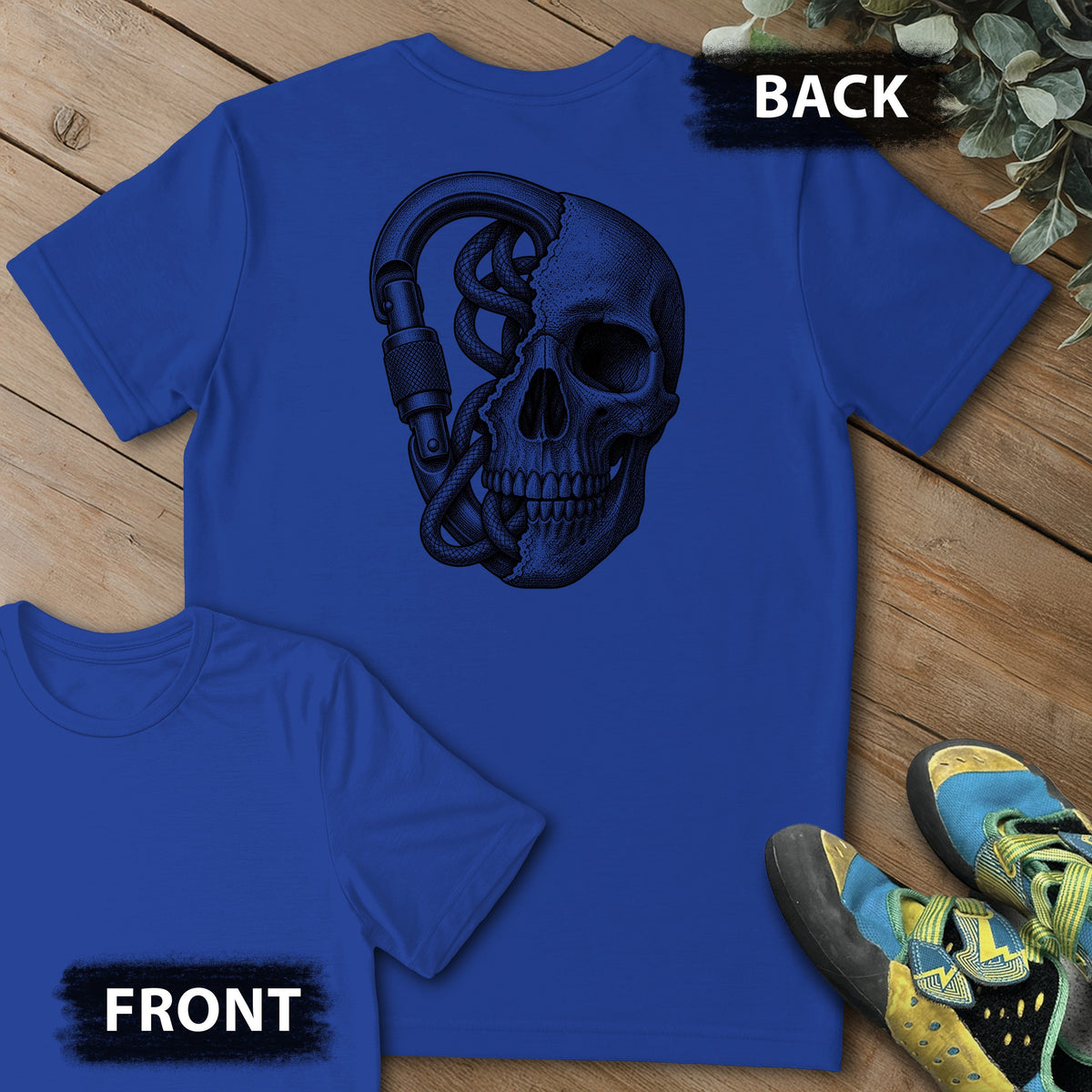Climbing On My Mind Backprint Tee in Royal — flat lay mockup