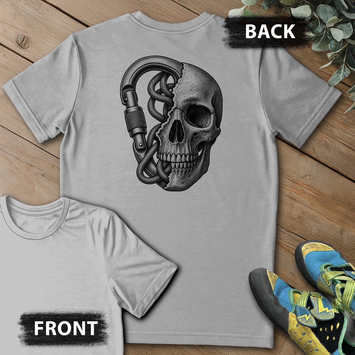 Climbing On My Mind Backprint Tee in Sport Grey — flat lay mockup