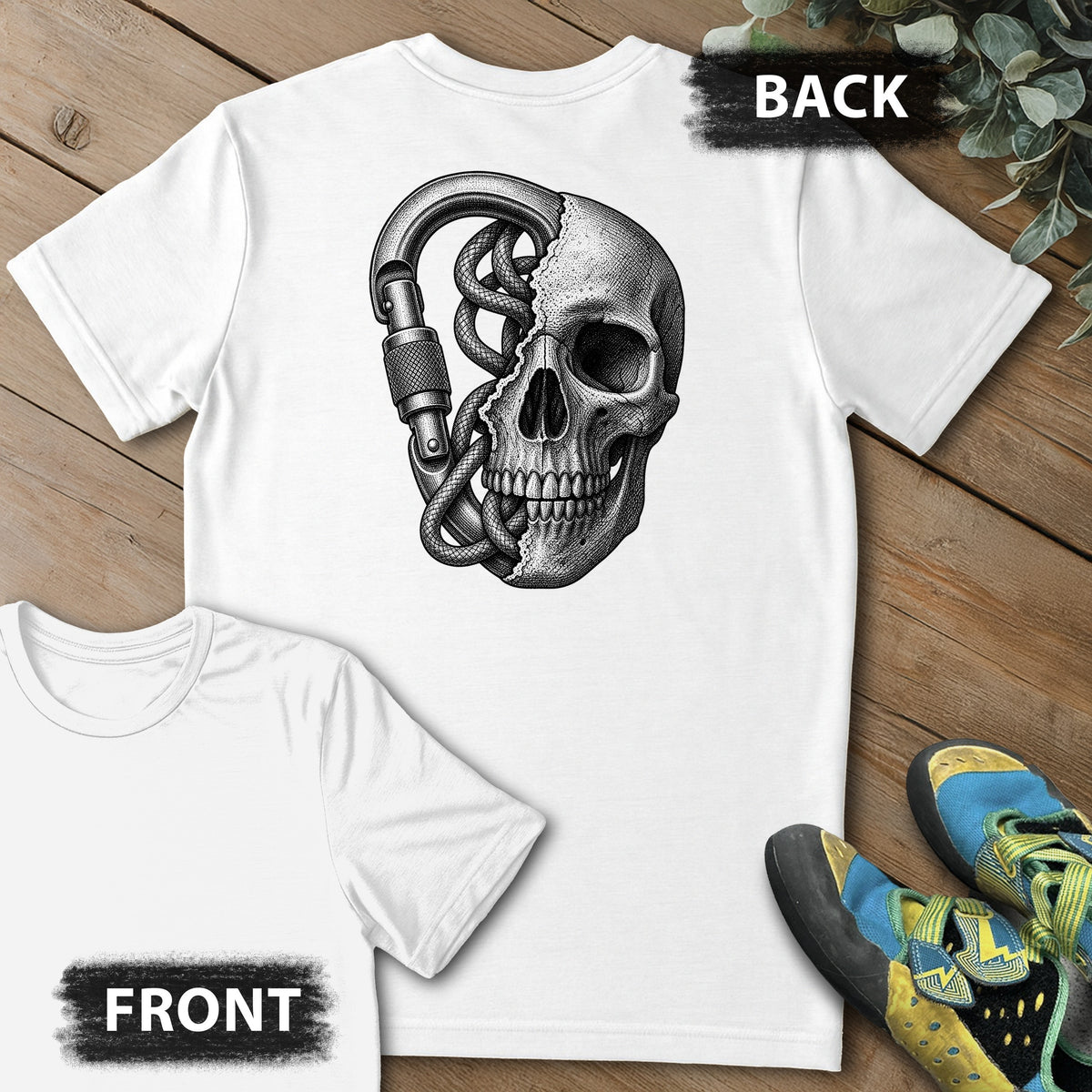Climbing On My Mind Backprint Tee in White — flat lay mockup