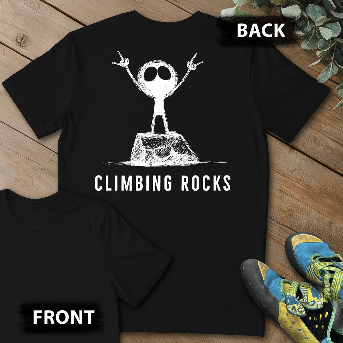 Climbing Rock On Backprint Tee in Black — flat lay mockup