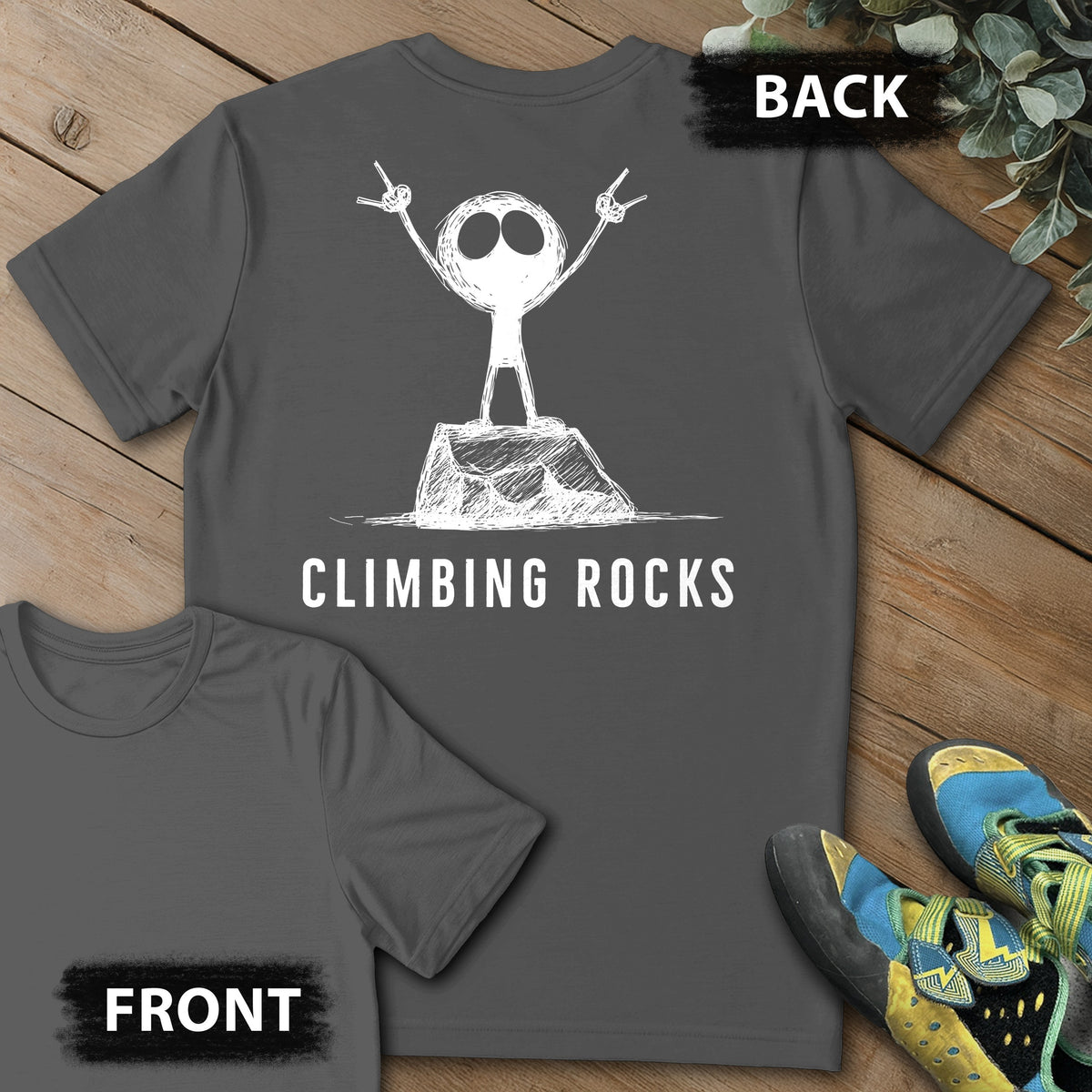 Climbing Rock On Backprint Tee in Charcoal — flat lay mockup