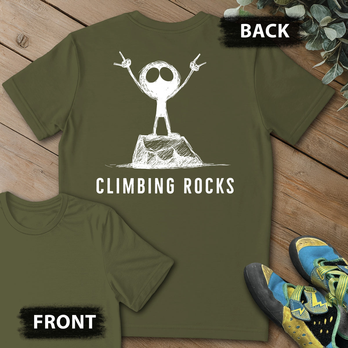 Climbing Rock On Backprint Tee in Military Green — flat lay mockup