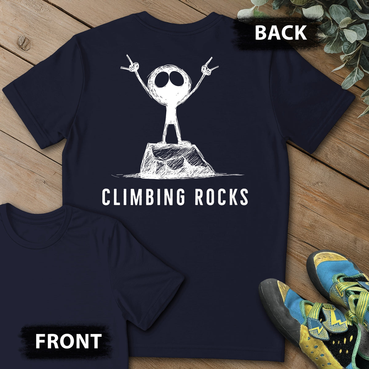 Climbing Rock On Backprint Tee in Navy — flat lay mockup