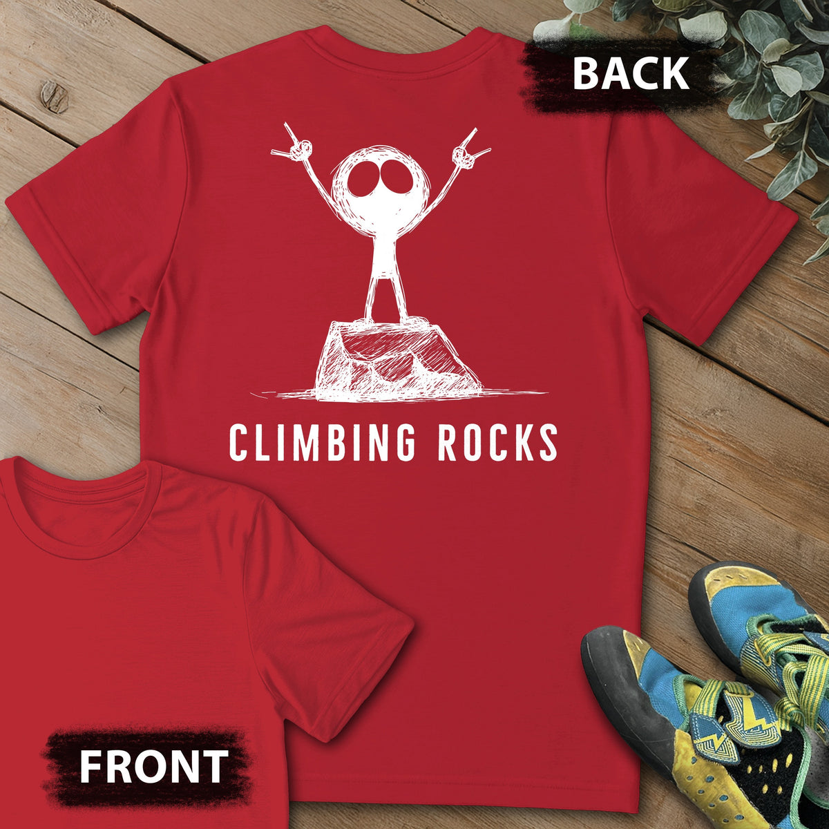 Climbing Rock On Backprint Tee in Red — flat lay mockup