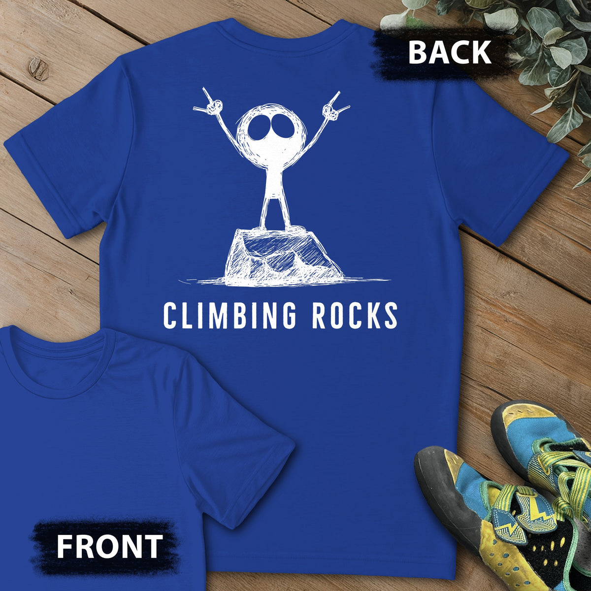 Climbing Rock On Backprint Tee in Royal — flat lay mockup