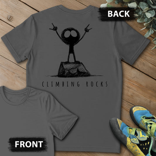 Climbing Rocks Stick Figure Backprint Tee in Charcoal — flat lay mockup