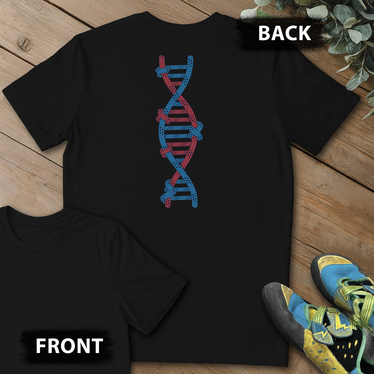 Climbing's In My DNA Backprint Tee in Black — flat lay mockup