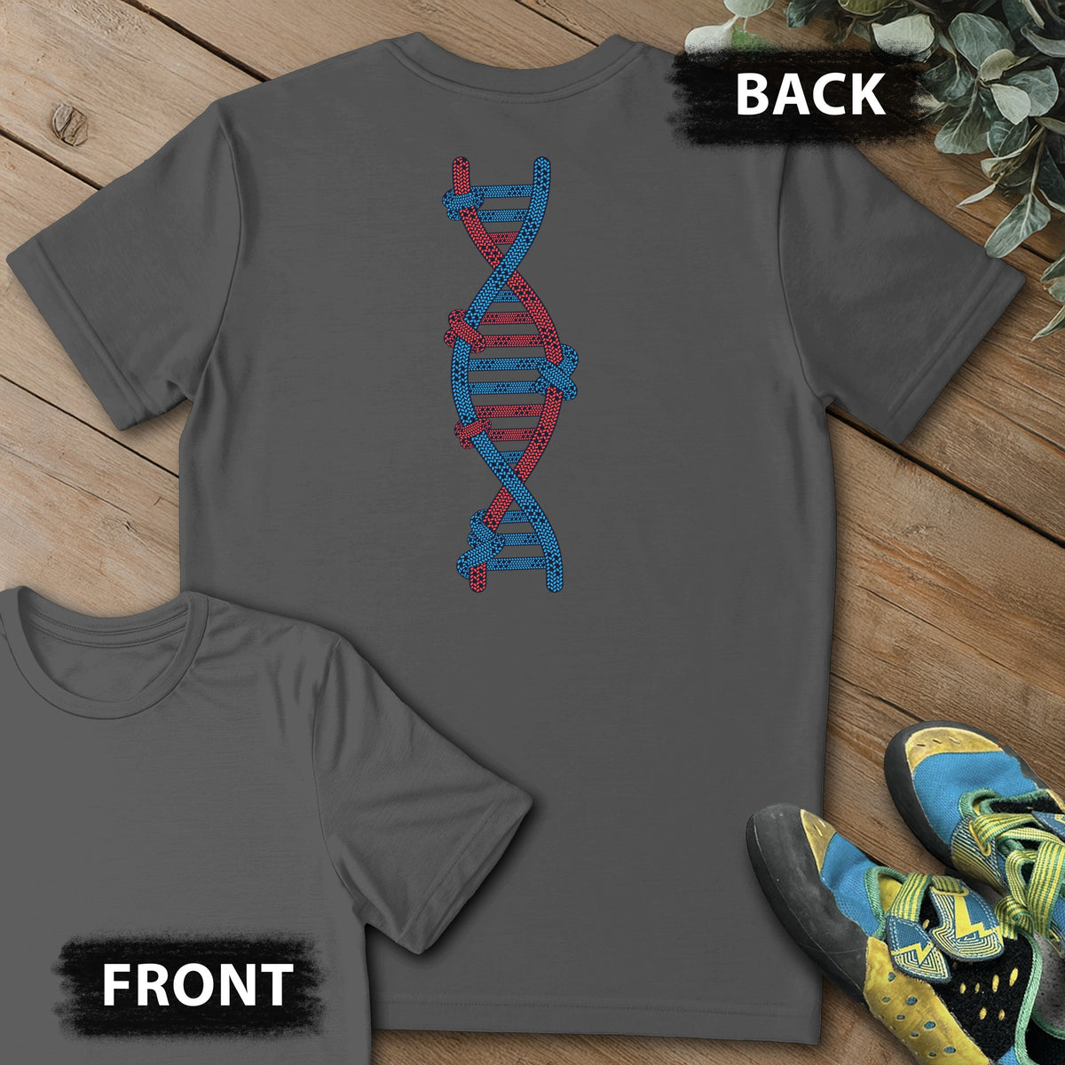 Climbing's In My DNA Backprint Tee in Charcoal — flat lay mockup