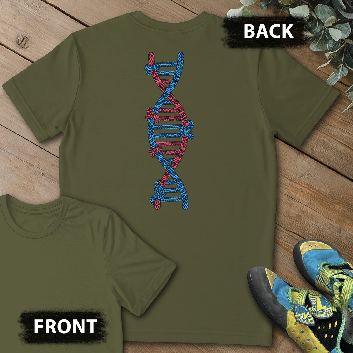 Climbing's In My DNA Backprint Tee in Military Green — flat lay mockup