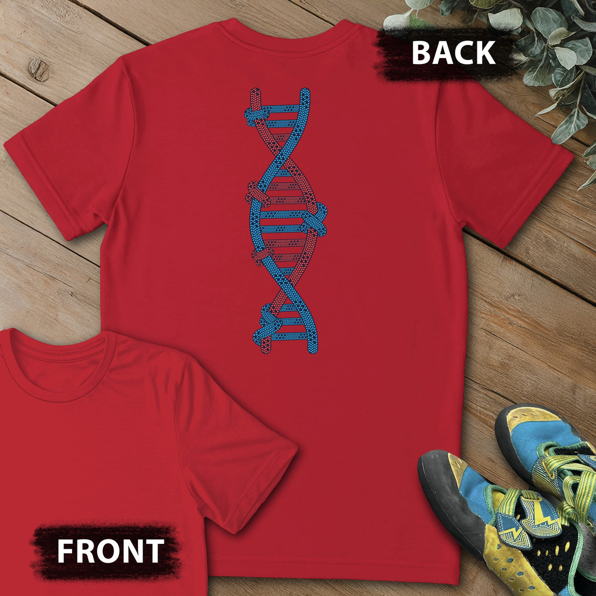 Climbing's In My DNA Backprint Tee in Red — flat lay mockup