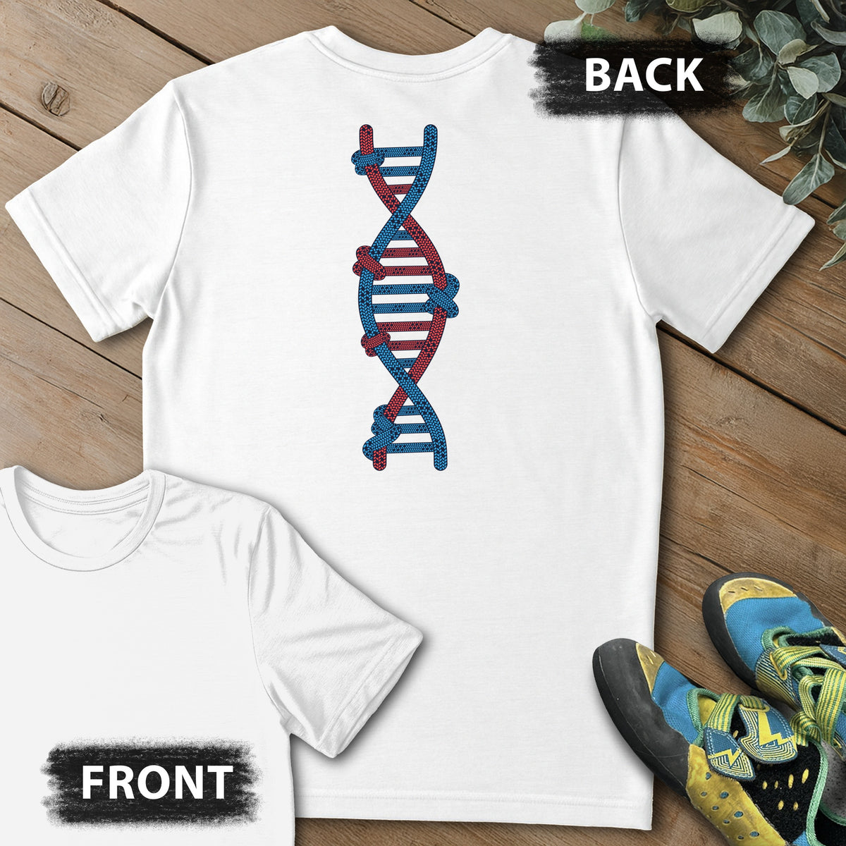 Climbing's In My DNA Backprint Tee in White — flat lay mockup