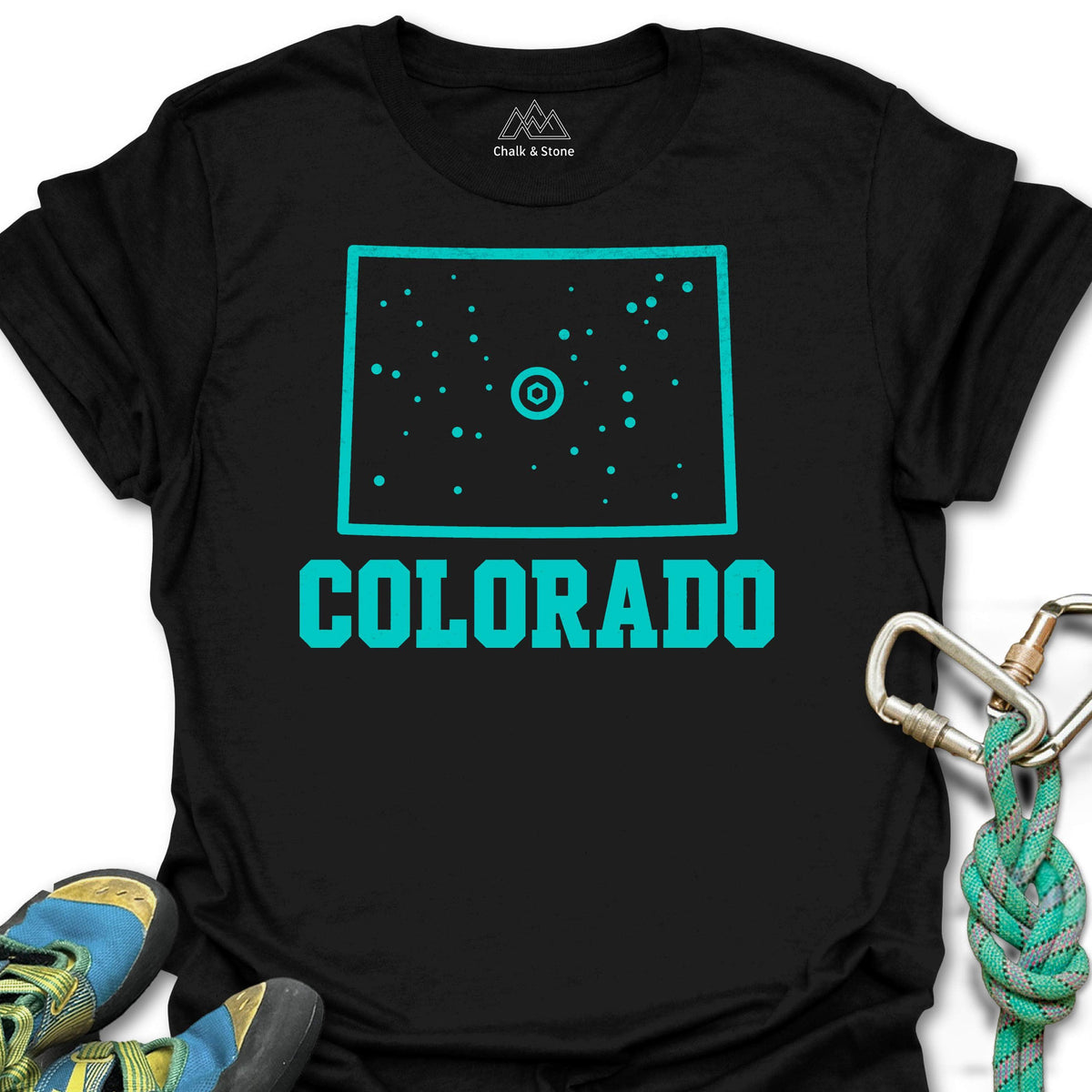 Colorado Climbing Hold Tee in Black — flat lay mockup