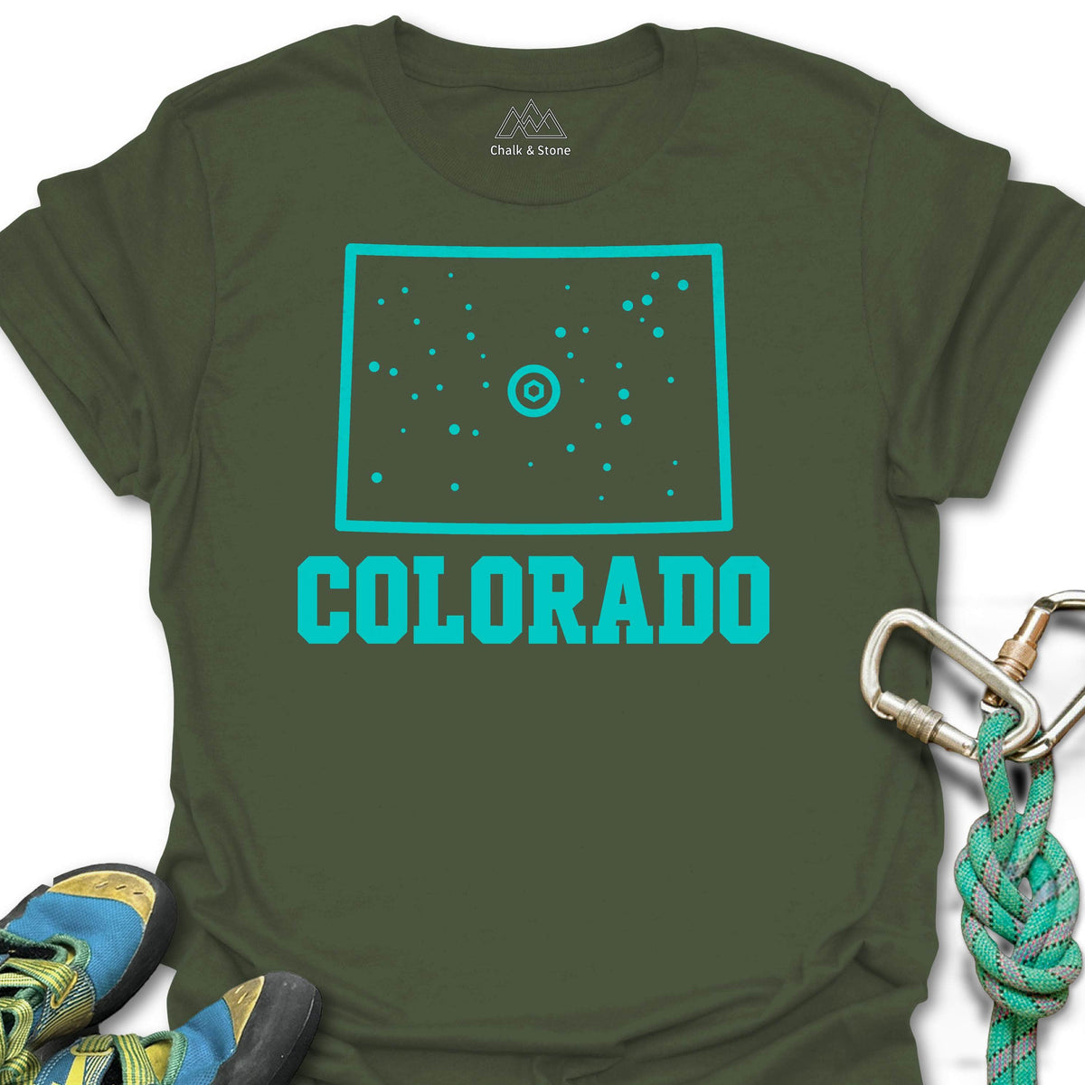 Colorado Climbing Hold Tee in Military Green — flat lay mockup