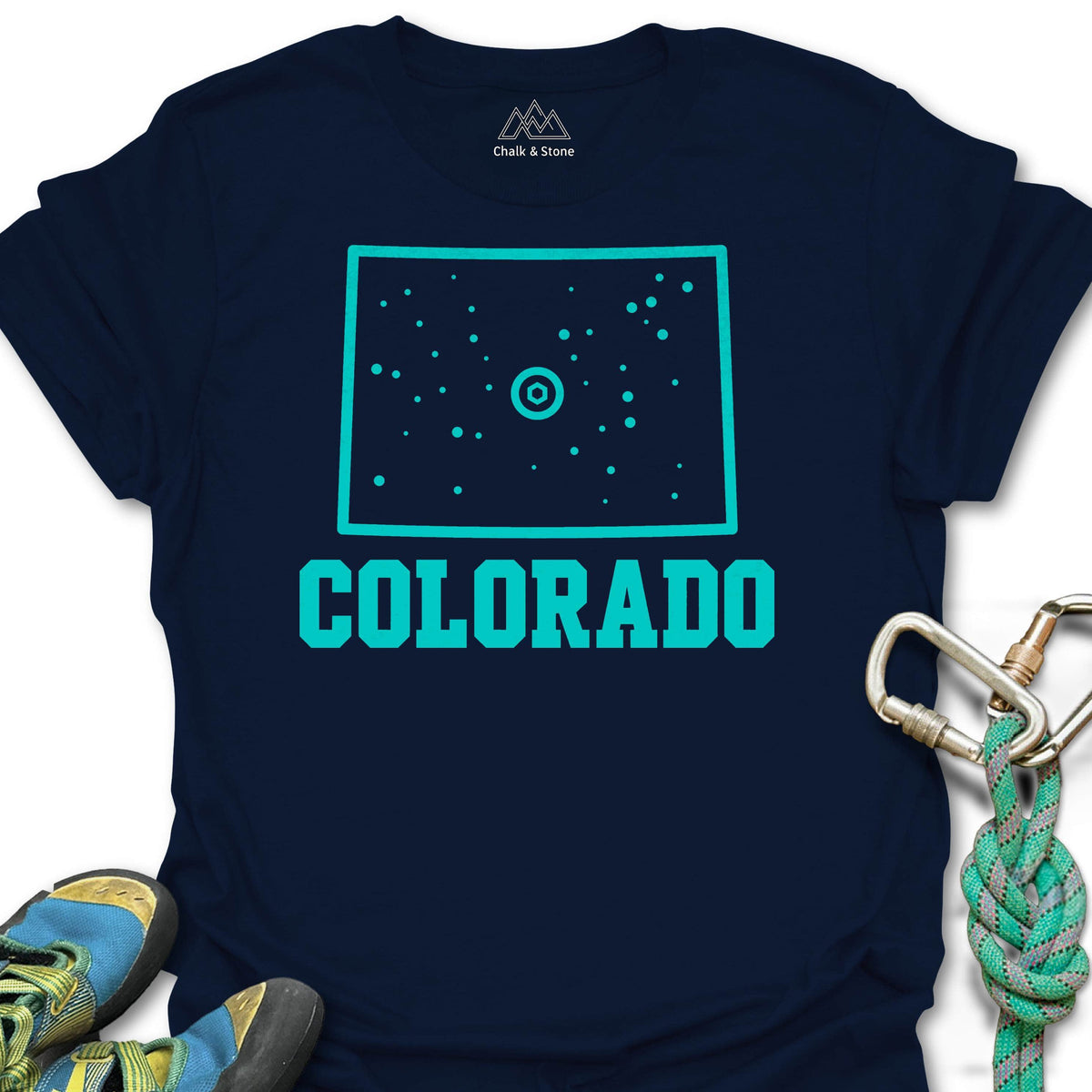 Colorado Climbing Hold Tee in Navy — flat lay mockup