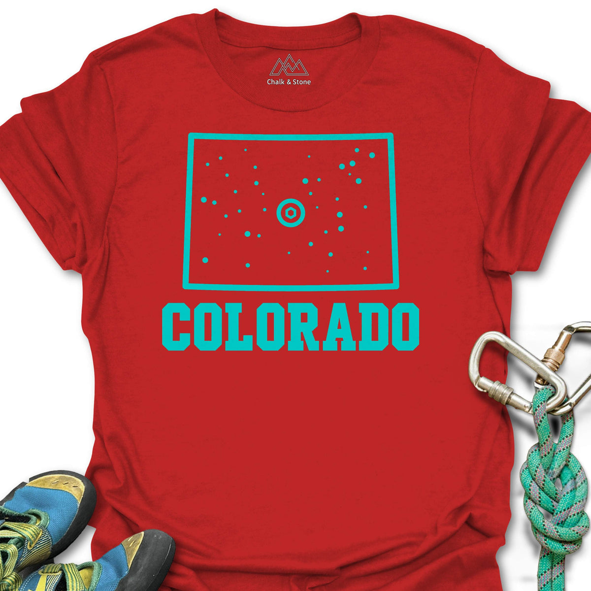 Colorado Climbing Hold Tee in Red — flat lay mockup