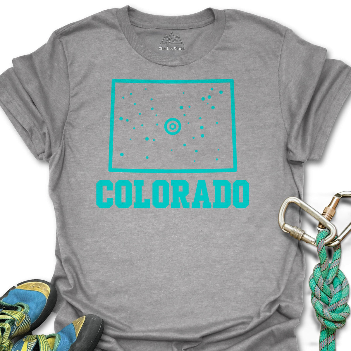 Colorado Climbing Hold Tee in Sport Grey — flat lay mockup