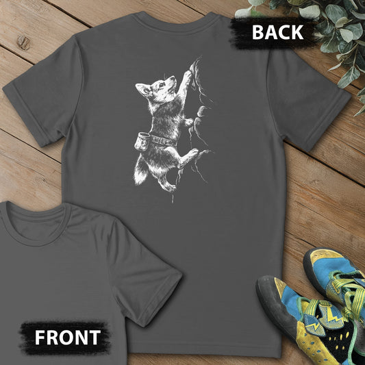 Corgi Scaling Wall Backprint Tee in Charcoal — flat lay mockup