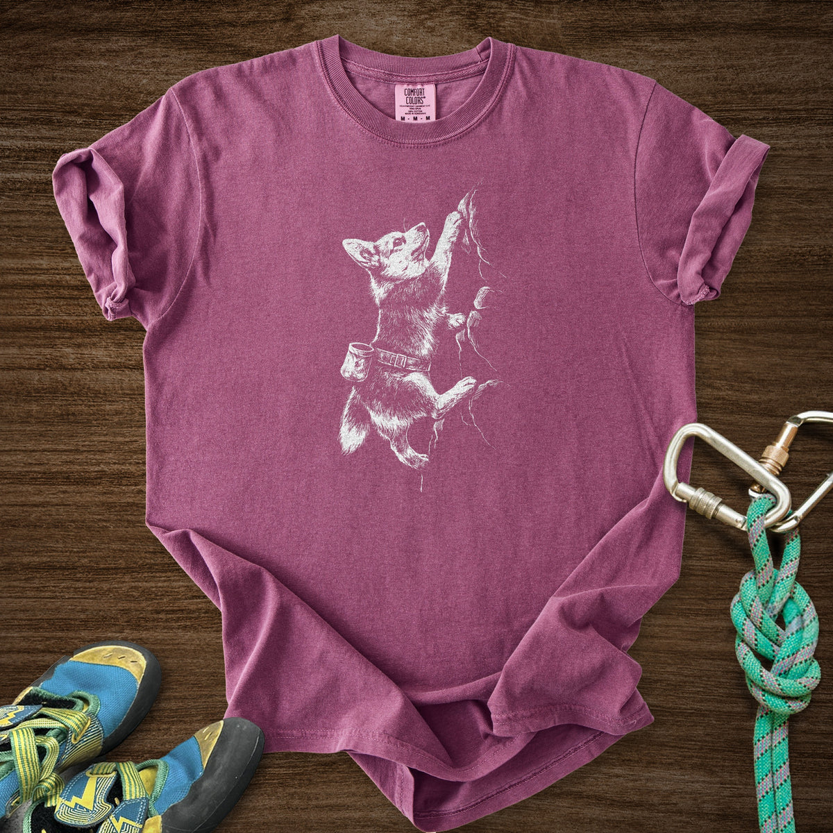 Corgi Scaling Wall Premium in Berry — flat lay mockup