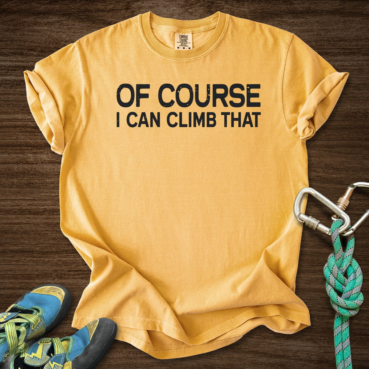 Course I Can Climb That Premium in Mustard — flat lay mockup