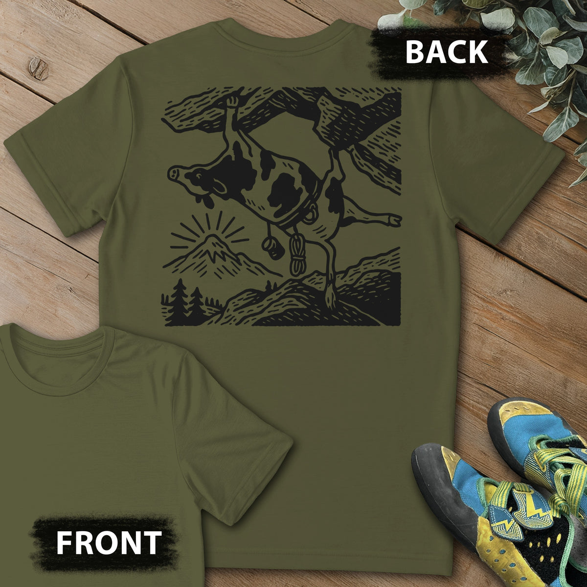 Cow Overhang Backprint Tee in Military Green — flat lay mockup