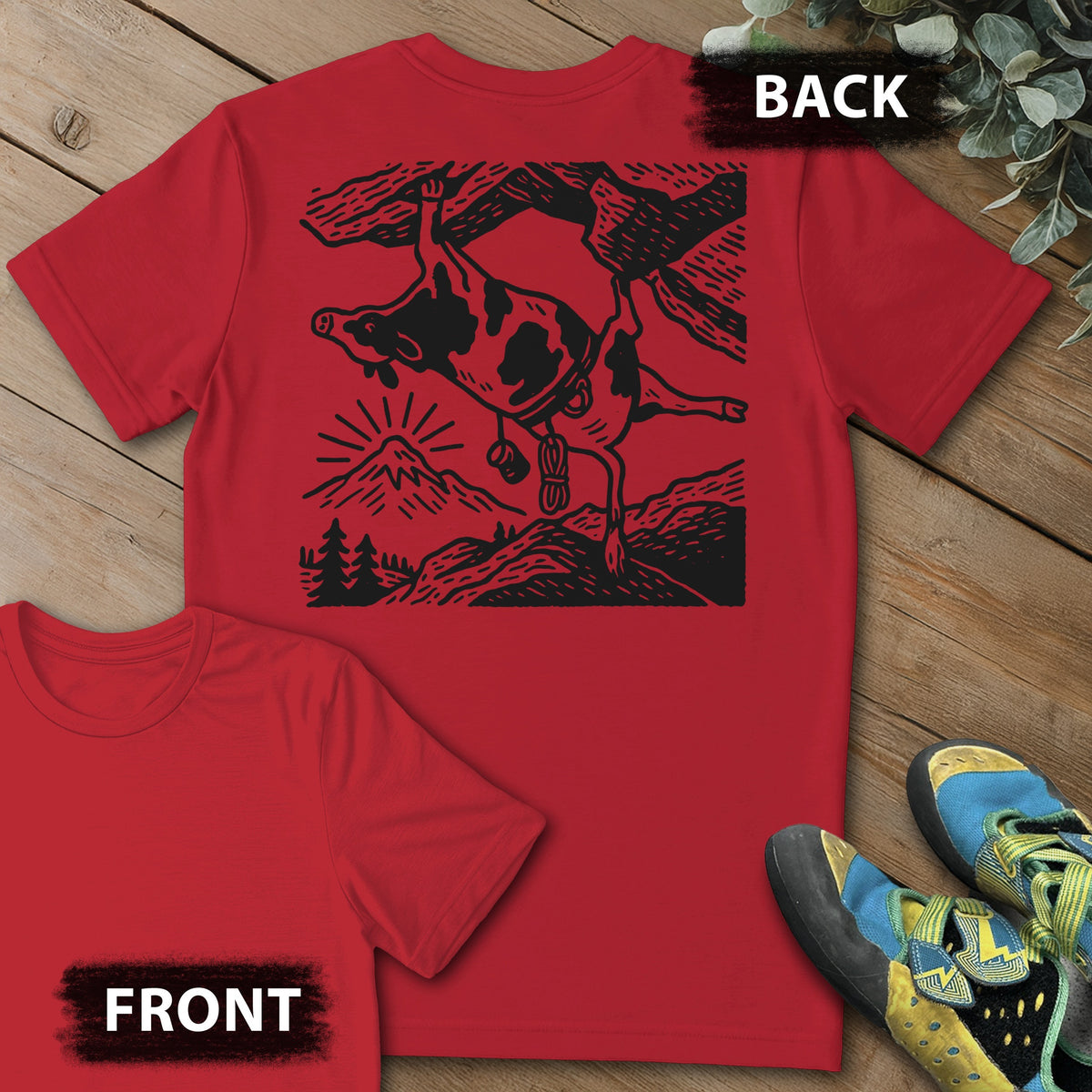 Cow Overhang Backprint Tee in Red — flat lay mockup