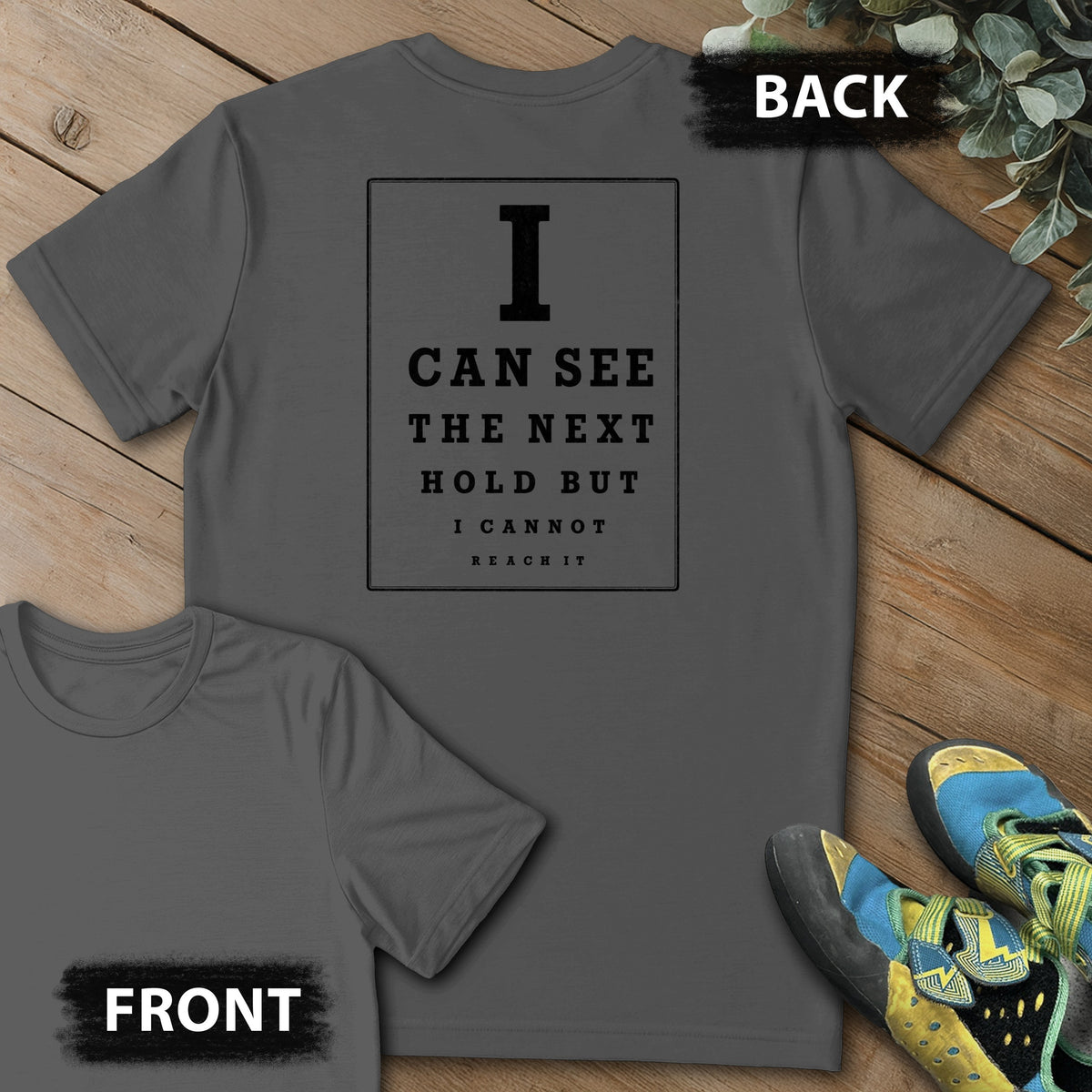 Crag Eye Exam Backprint Tee in Charcoal — flat lay mockup