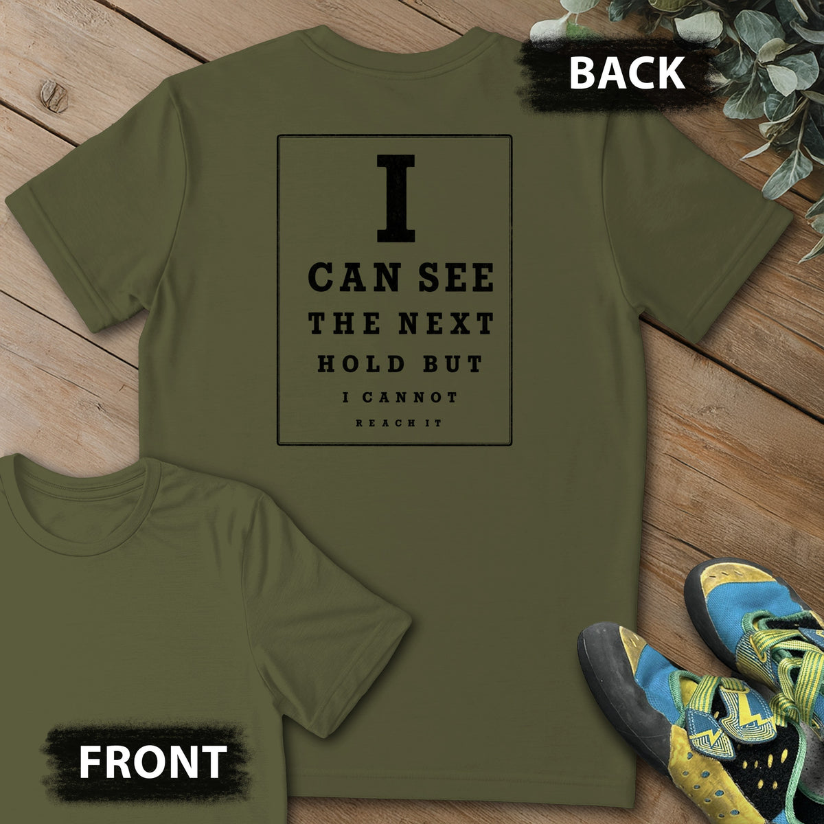Crag Eye Exam Backprint Tee in Military Green — flat lay mockup