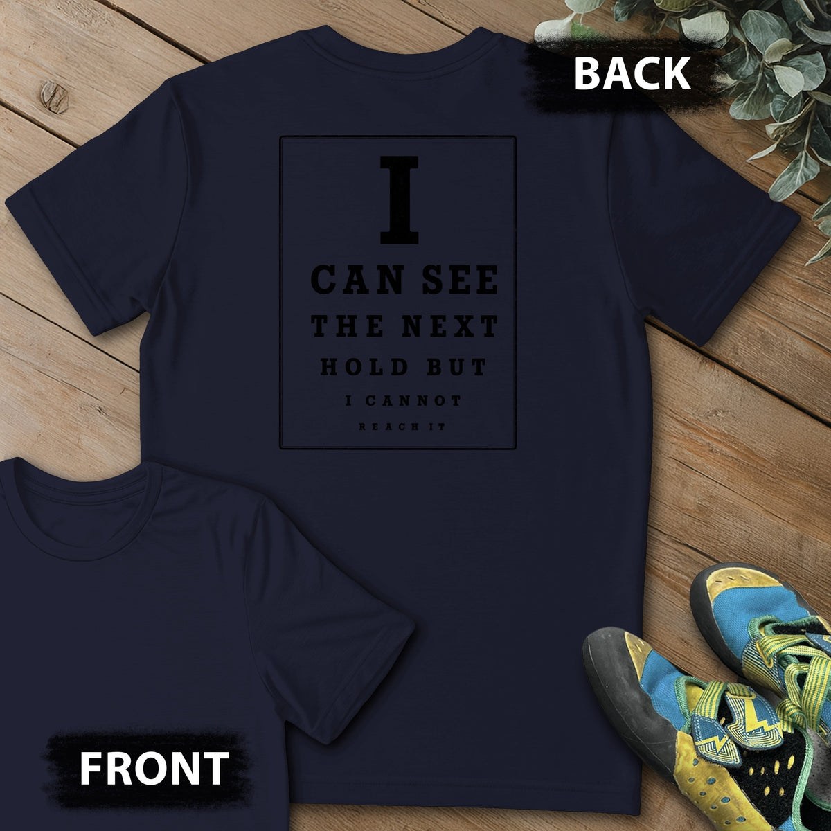 Crag Eye Exam Backprint Tee in Navy — flat lay mockup