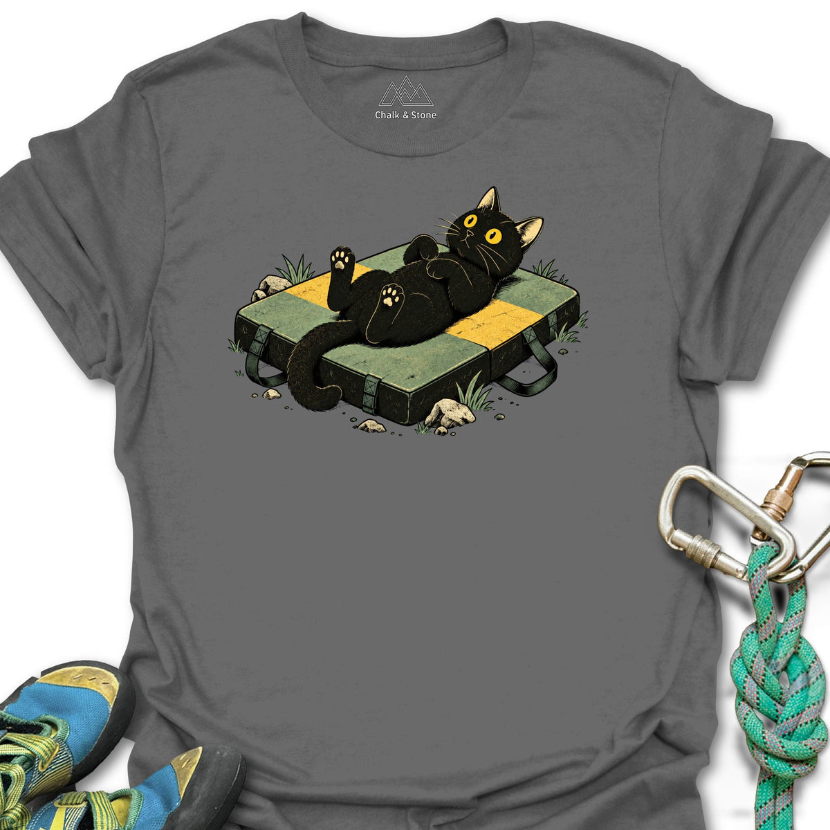 Crash Pad Belly Up Cat Tee in Charcoal — flat lay mockup