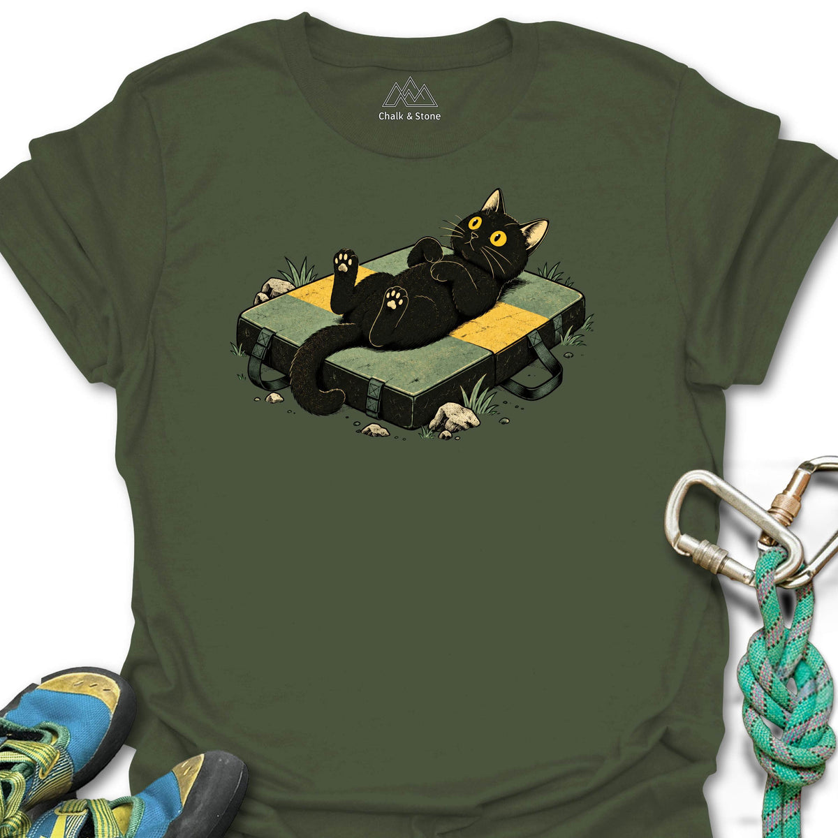 Crash Pad Belly Up Cat Tee in Military Green — flat lay mockup