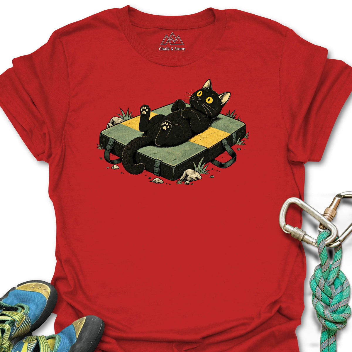 Crash Pad Belly Up Cat Tee in Red — flat lay mockup
