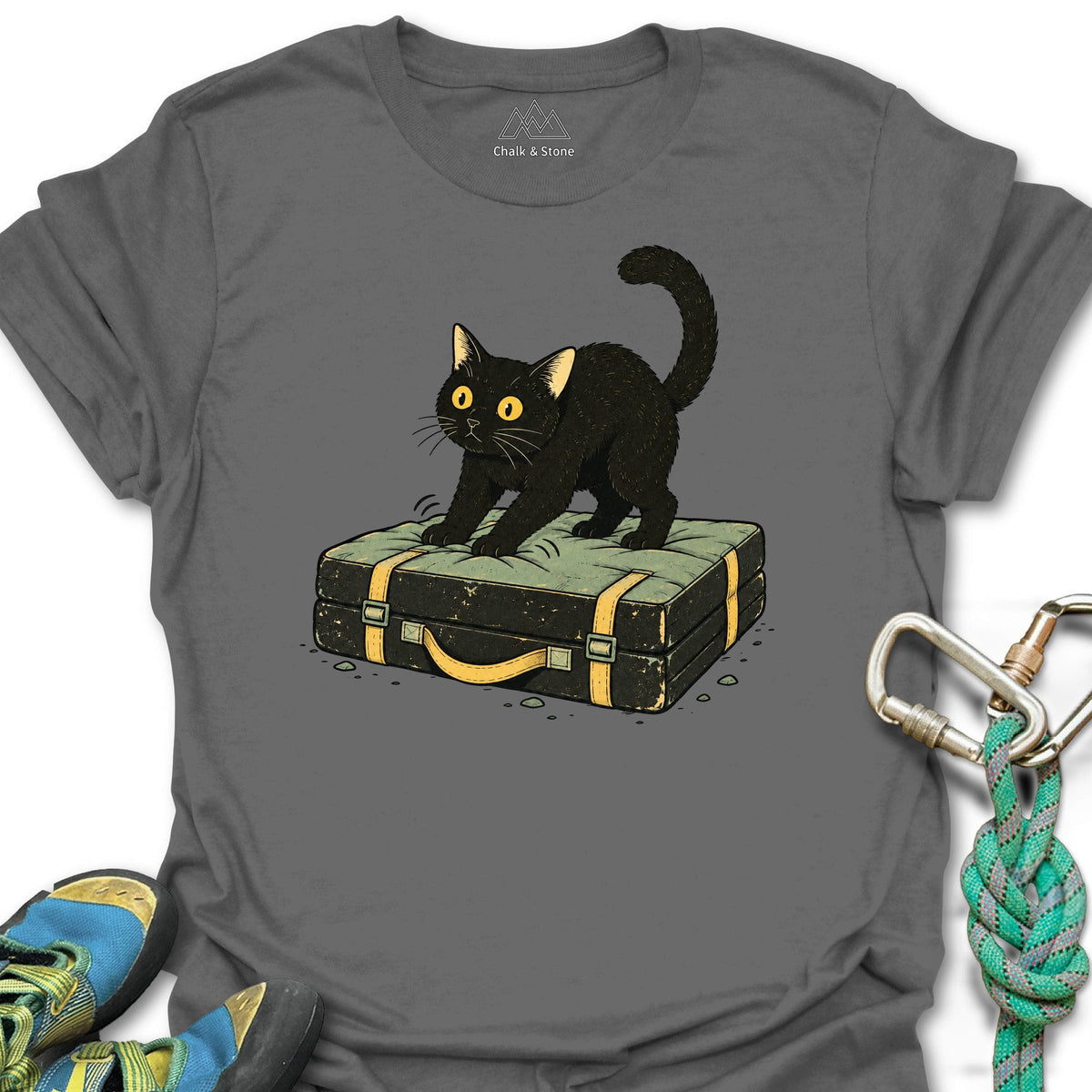 Crash Pad Biscuits Cat Tee in Charcoal — flat lay mockup