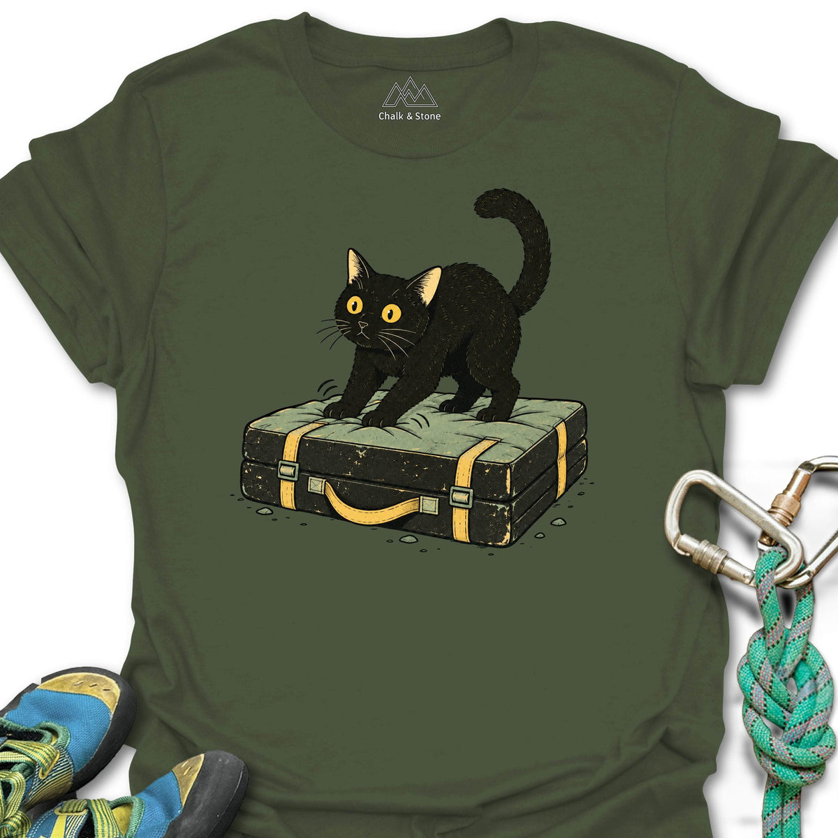 Crash Pad Biscuits Cat Tee in Military Green — flat lay mockup