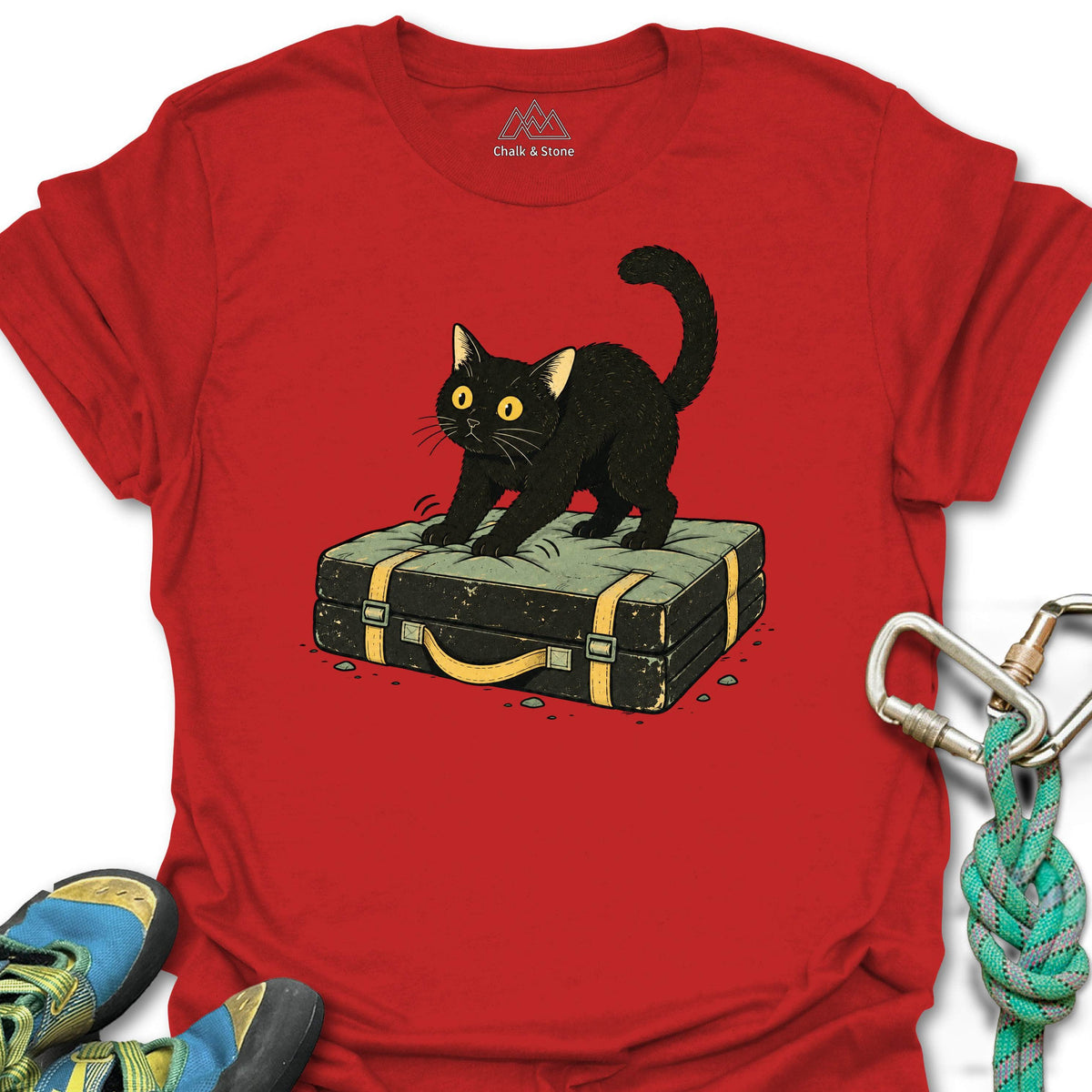 Crash Pad Biscuits Cat Tee in Red — flat lay mockup