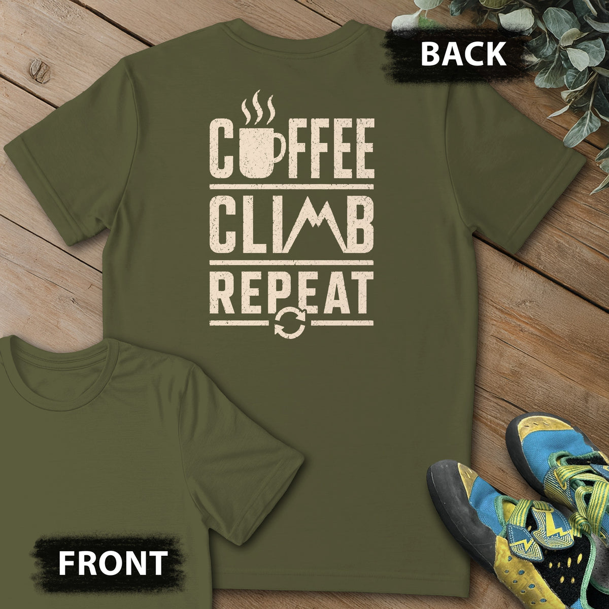 Daily Ritual Backprint Tee in Military Green — flat lay mockup