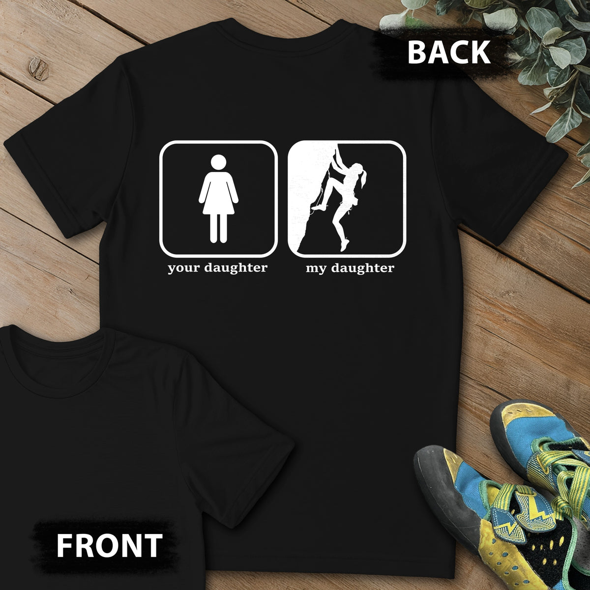 Daughter Sending Backprint Tee in Black — flat lay mockup