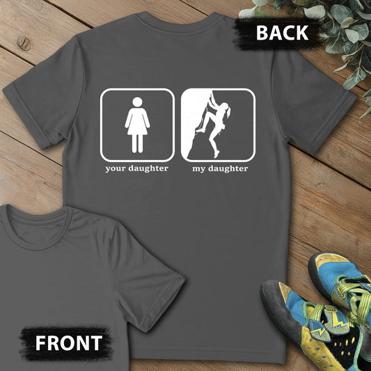 Daughter Sending Backprint Tee in Charcoal — flat lay mockup