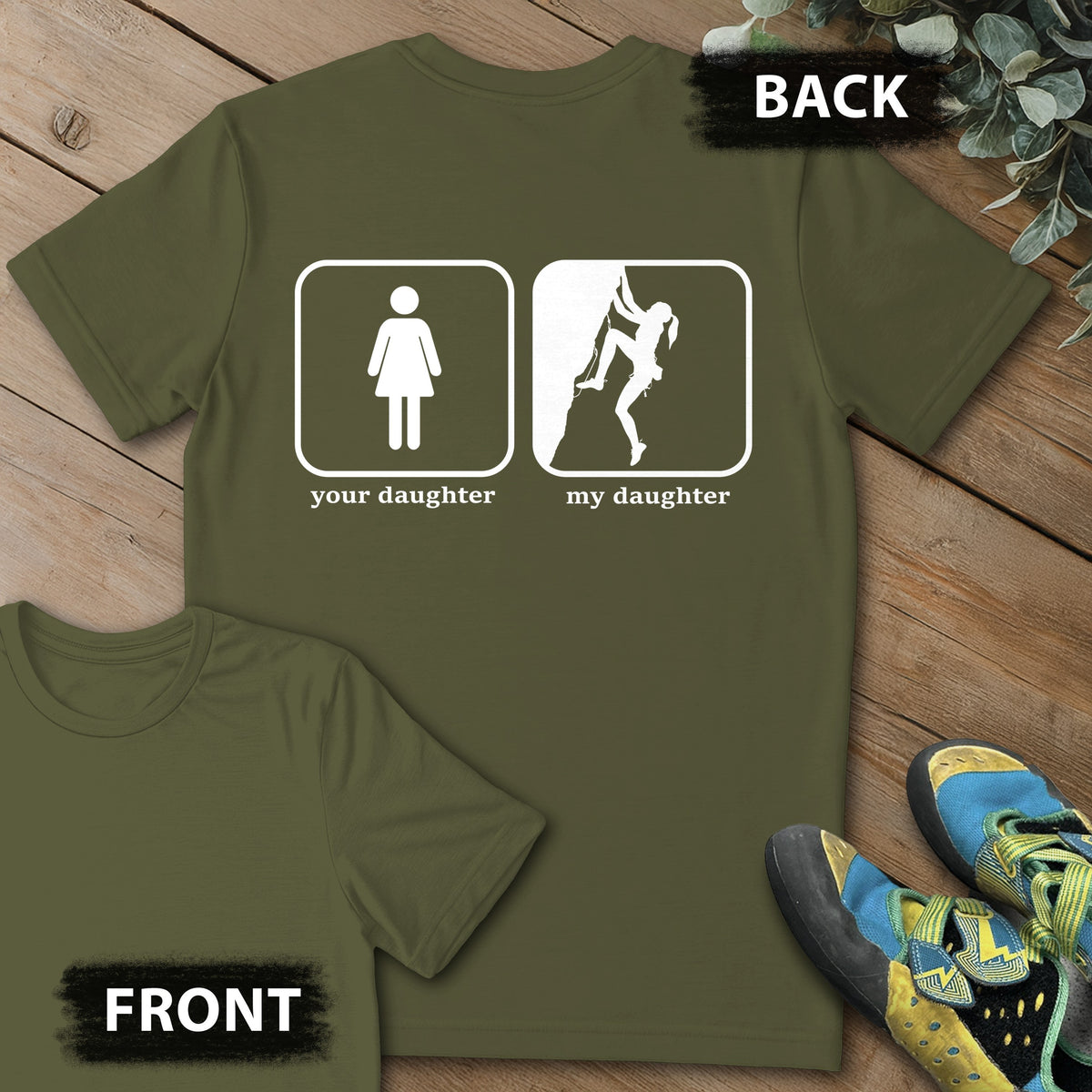Daughter Sending Backprint Tee in Military Green — flat lay mockup