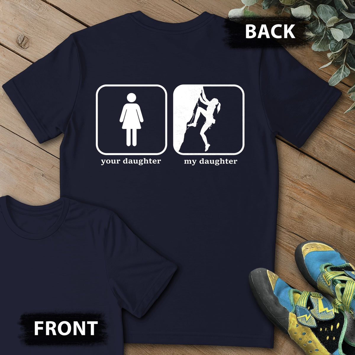 Daughter Sending Backprint Tee in Navy — flat lay mockup