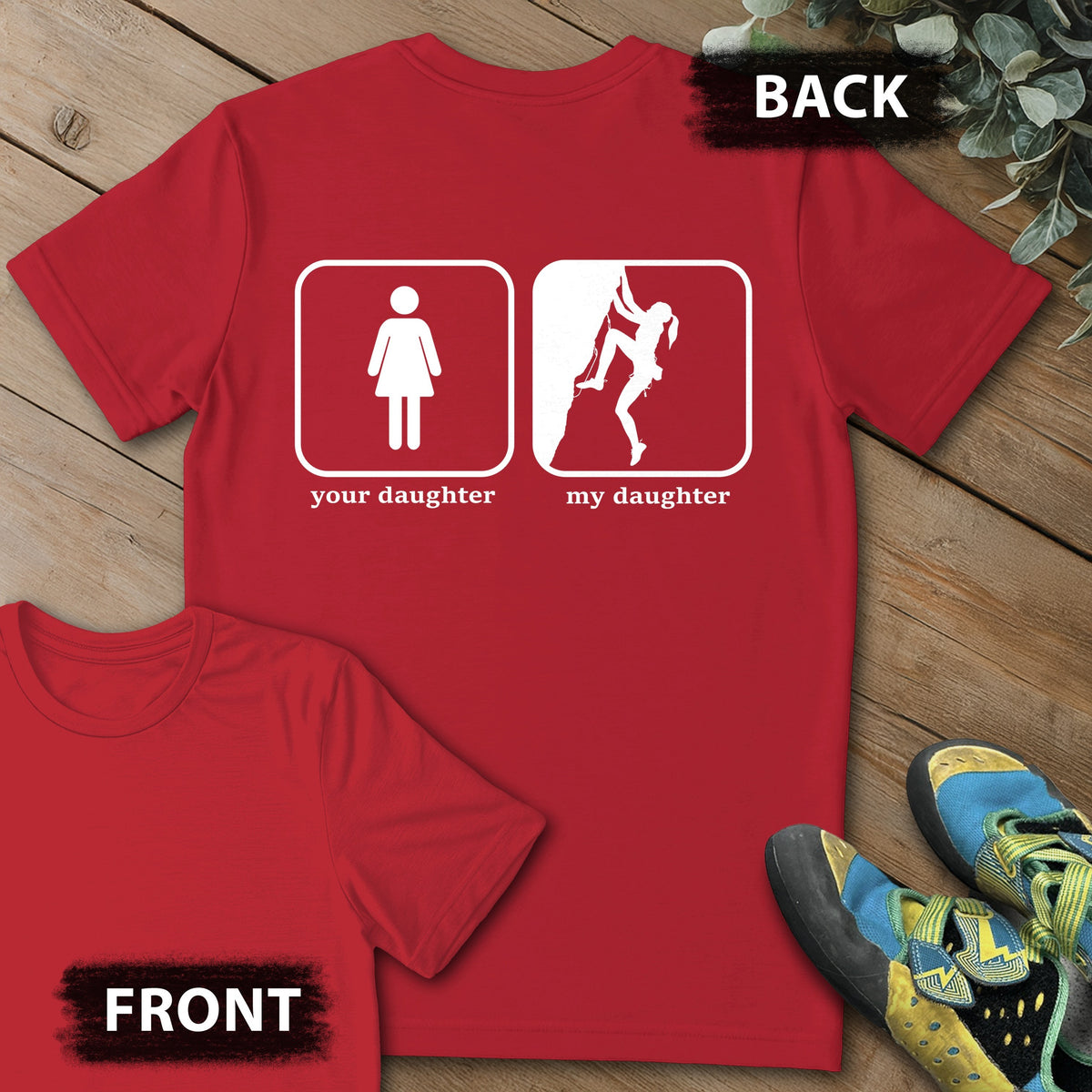 Daughter Sending Backprint Tee in Red — flat lay mockup