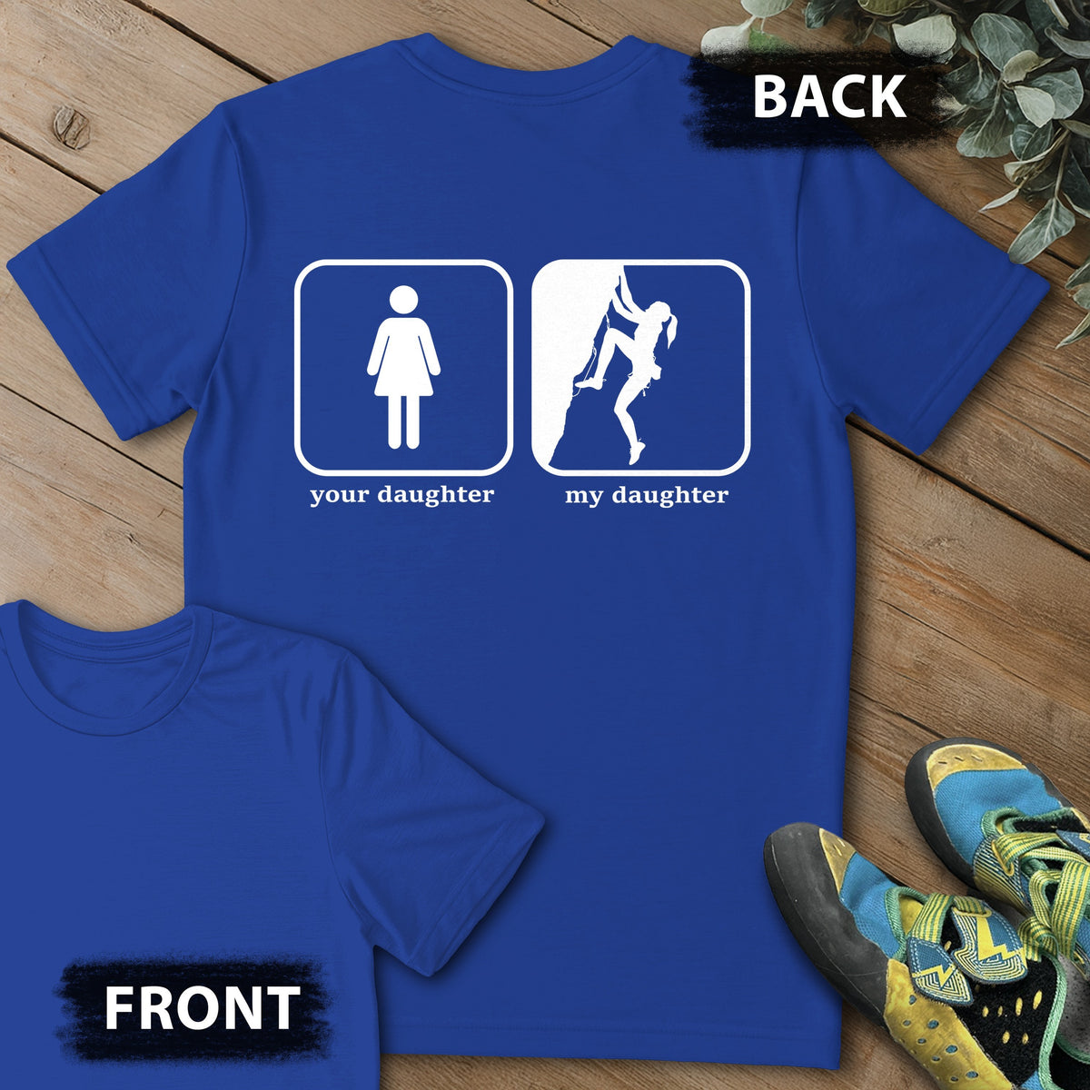 Daughter Sending Backprint Tee in Royal — flat lay mockup