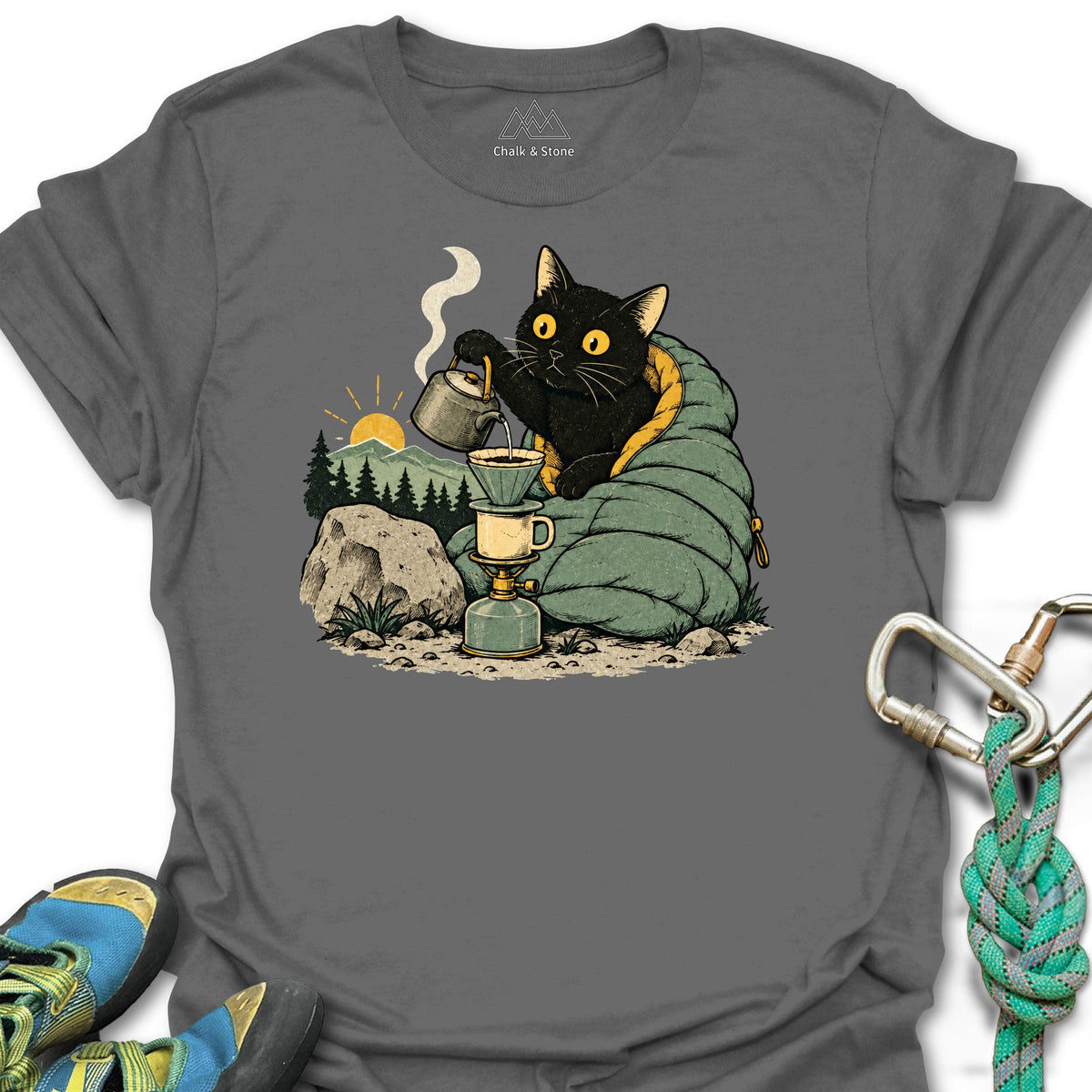 Dawn Coffee Camp Cat Tee in Charcoal — flat lay mockup