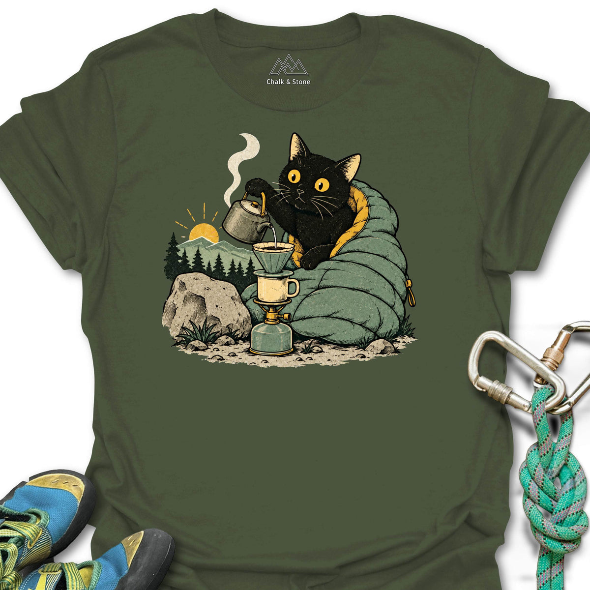 Dawn Coffee Camp Cat Tee in Military Green — flat lay mockup