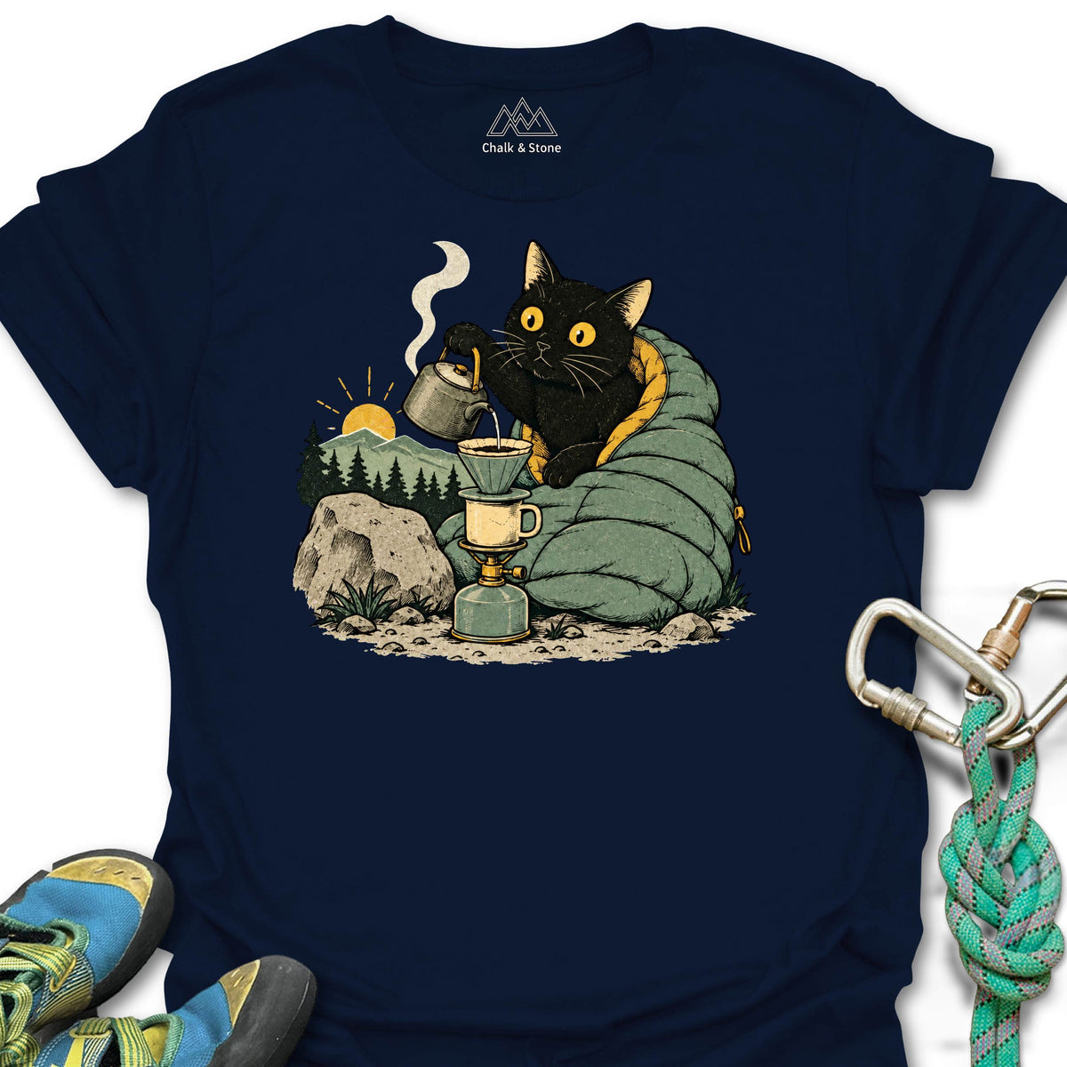 Dawn Coffee Camp Cat Tee in Navy — flat lay mockup