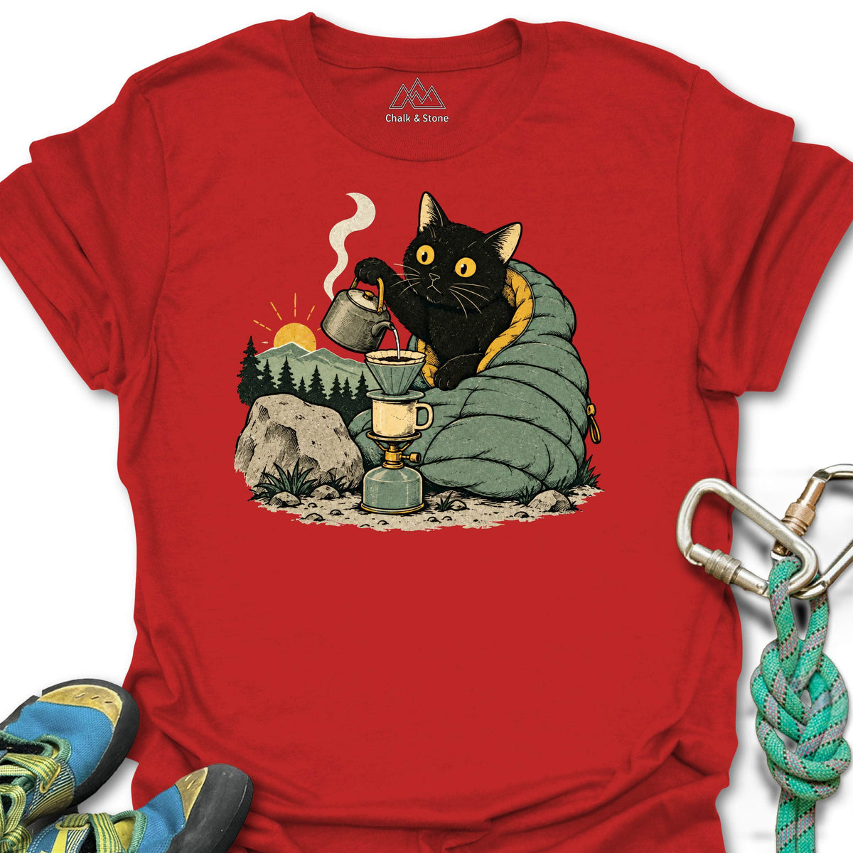 Dawn Coffee Camp Cat Tee in Red — flat lay mockup