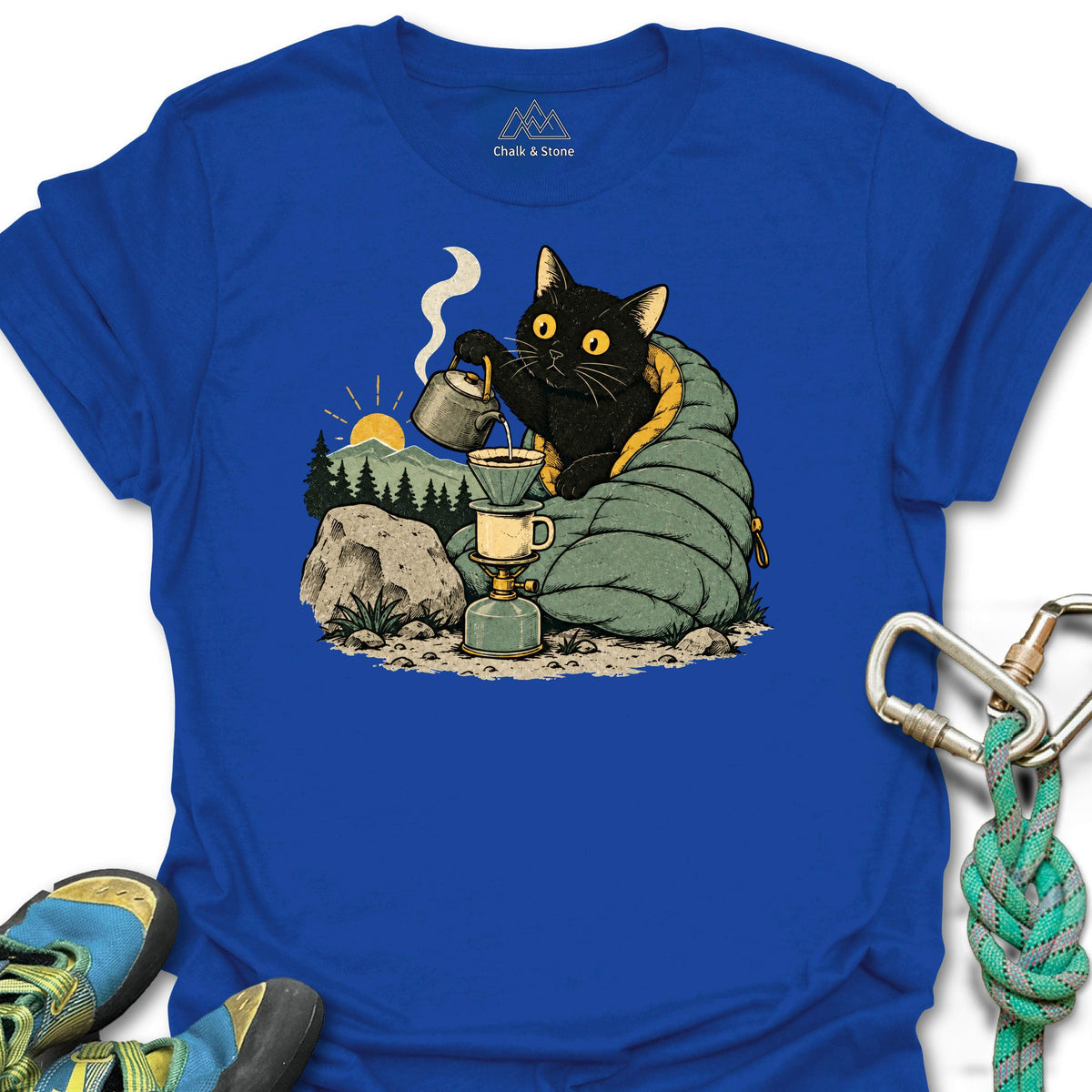 Dawn Coffee Camp Cat Tee in Royal — flat lay mockup