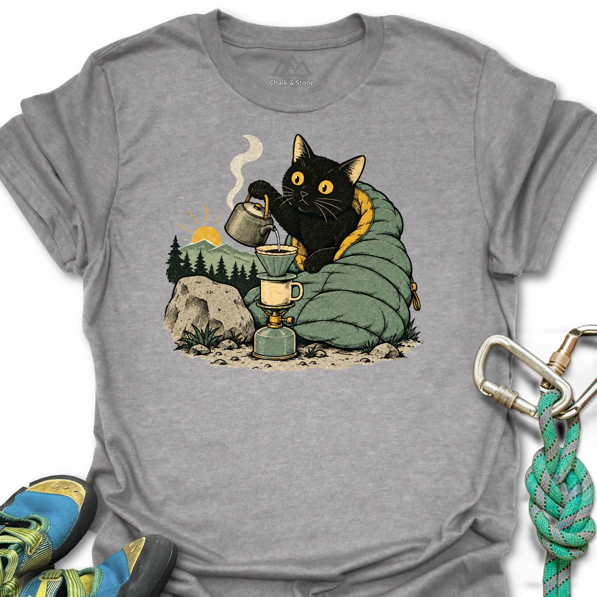 Dawn Coffee Camp Cat Tee in Sport Grey — flat lay mockup