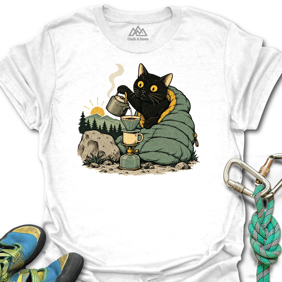 Dawn Coffee Camp Cat Tee in White — flat lay mockup
