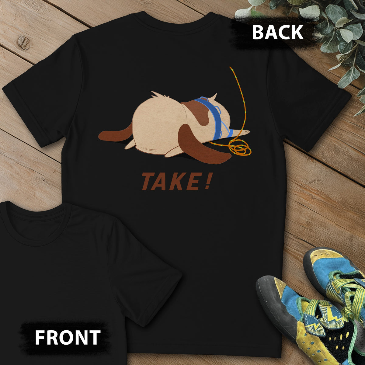 Dog TAKE Backprint Tee in Black — flat lay mockup